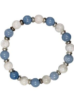 8mm Natural Aquamarine White Moonstone Gemstone Stretch Bracelet Silver Bead